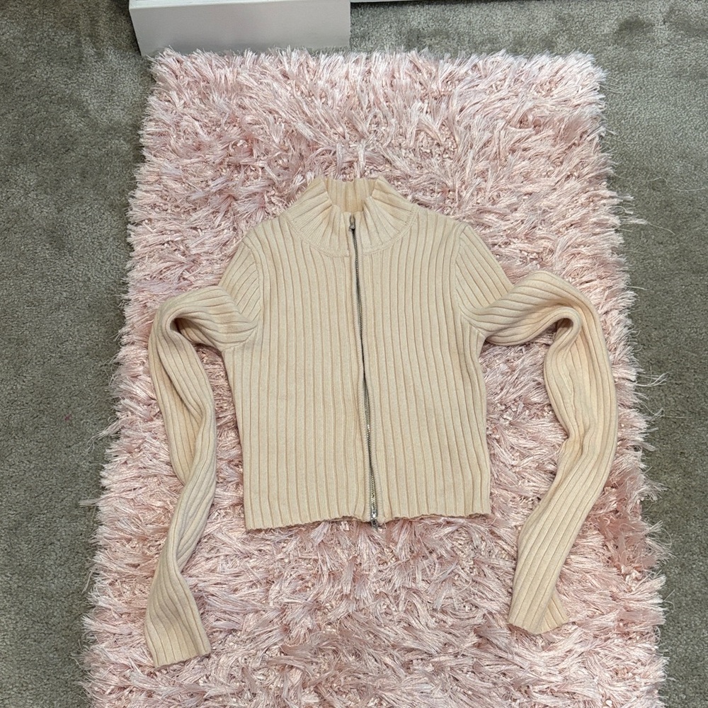Cream Ribbed Zip-Up Sweater